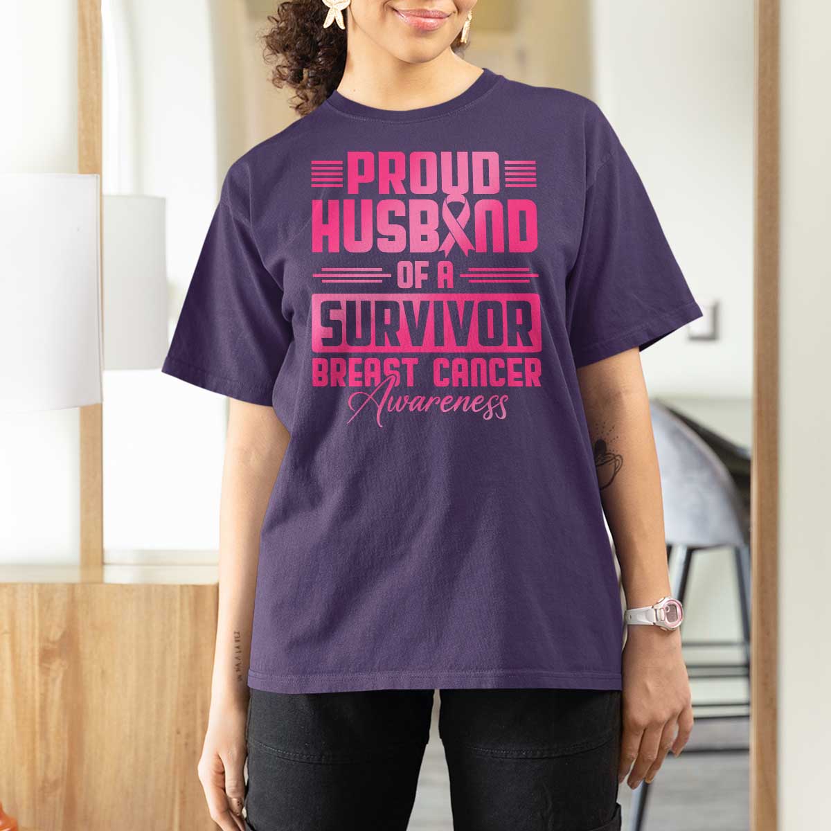 Husband Of A Warrior Breast Cancer Awareness T Shirt For Women Wife Support Squad - Wonder Print Shop