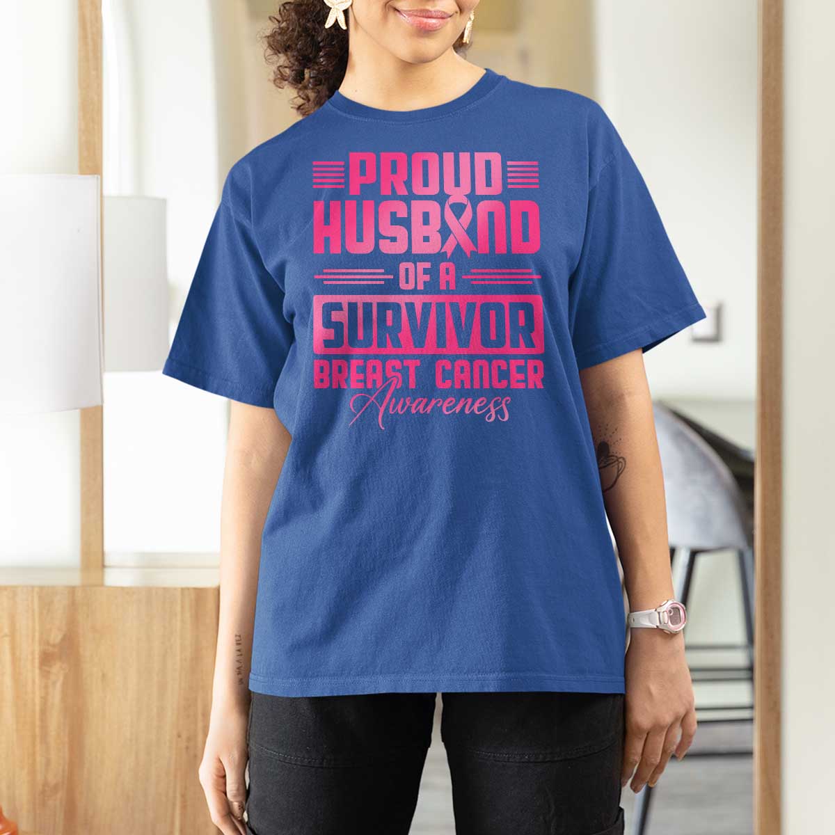 Husband Of A Warrior Breast Cancer Awareness T Shirt For Women Wife Support Squad - Wonder Print Shop