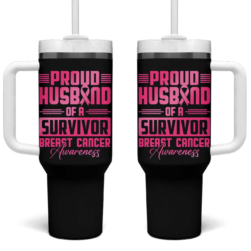 Husband Of A Warrior Breast Cancer Awareness Tumbler With Handle Wife Support Squad - Wonder Print Shop