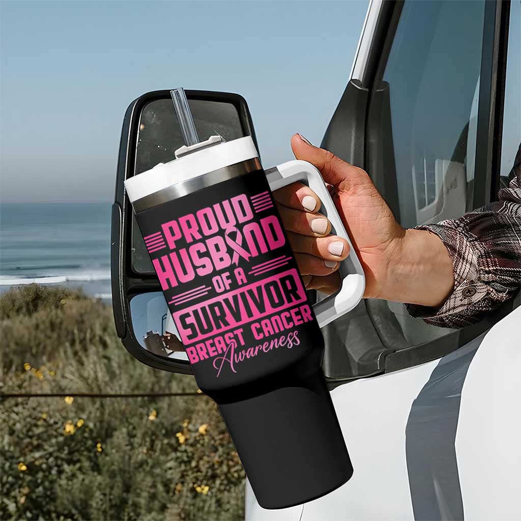 Husband Of A Warrior Breast Cancer Awareness Tumbler With Handle Wife Support Squad - Wonder Print Shop