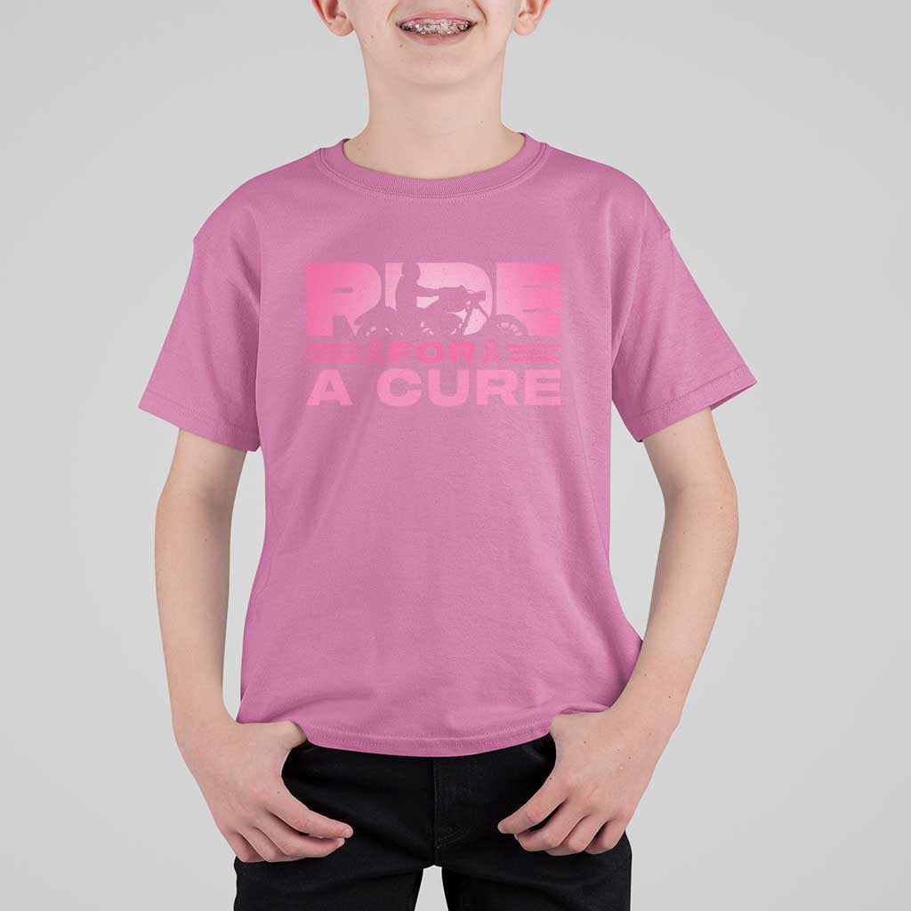 Breast Cancer Motorcycle T Shirt For Kid Pink Ribbon Ride For A Cure - Wonder Print Shop