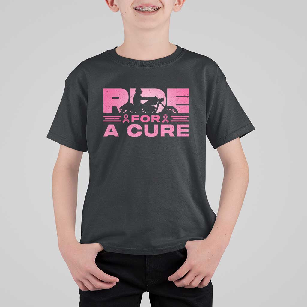 Breast Cancer Motorcycle T Shirt For Kid Pink Ribbon Ride For A Cure - Wonder Print Shop
