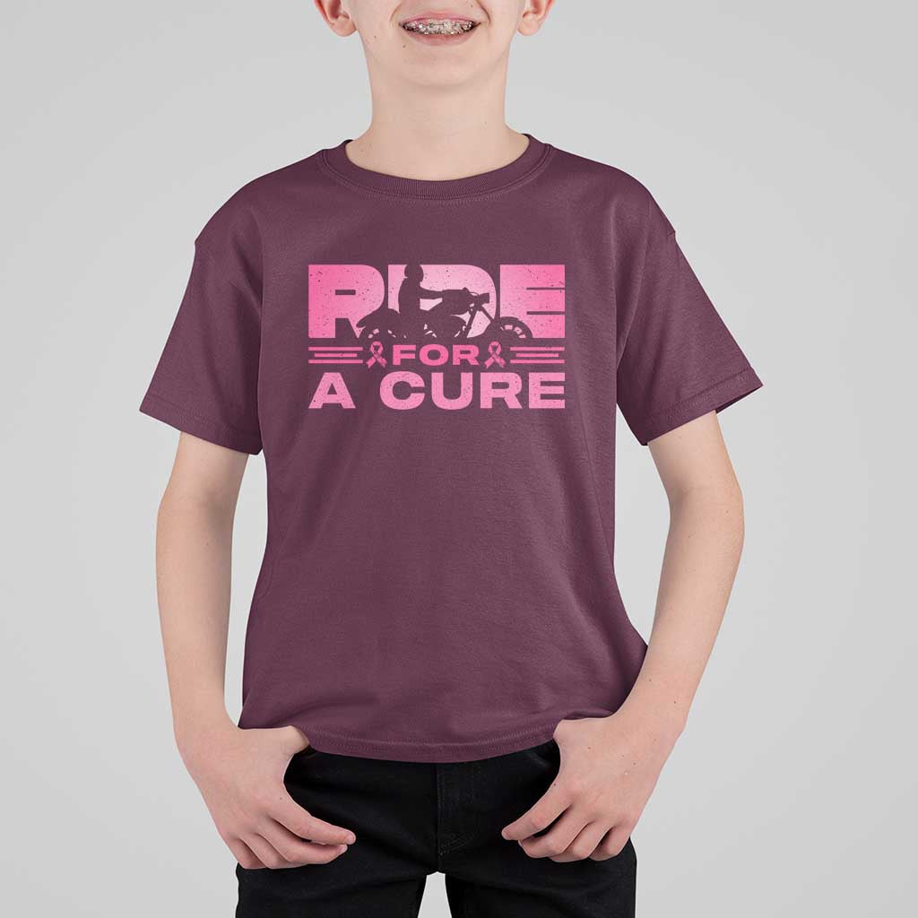 Breast Cancer Motorcycle T Shirt For Kid Pink Ribbon Ride For A Cure - Wonder Print Shop