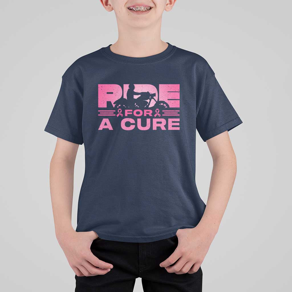 Breast Cancer Motorcycle T Shirt For Kid Pink Ribbon Ride For A Cure - Wonder Print Shop