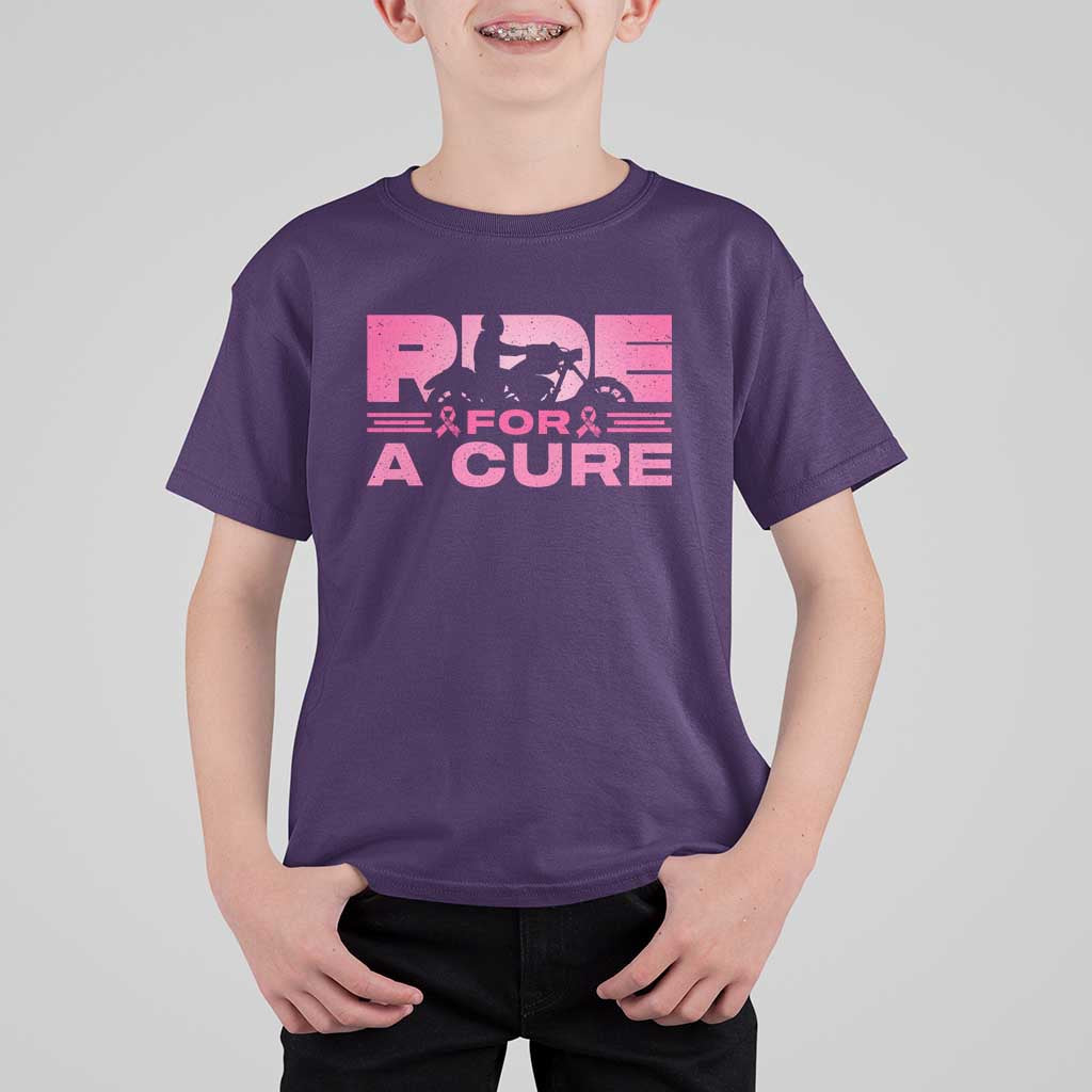 Breast Cancer Motorcycle T Shirt For Kid Pink Ribbon Ride For A Cure - Wonder Print Shop
