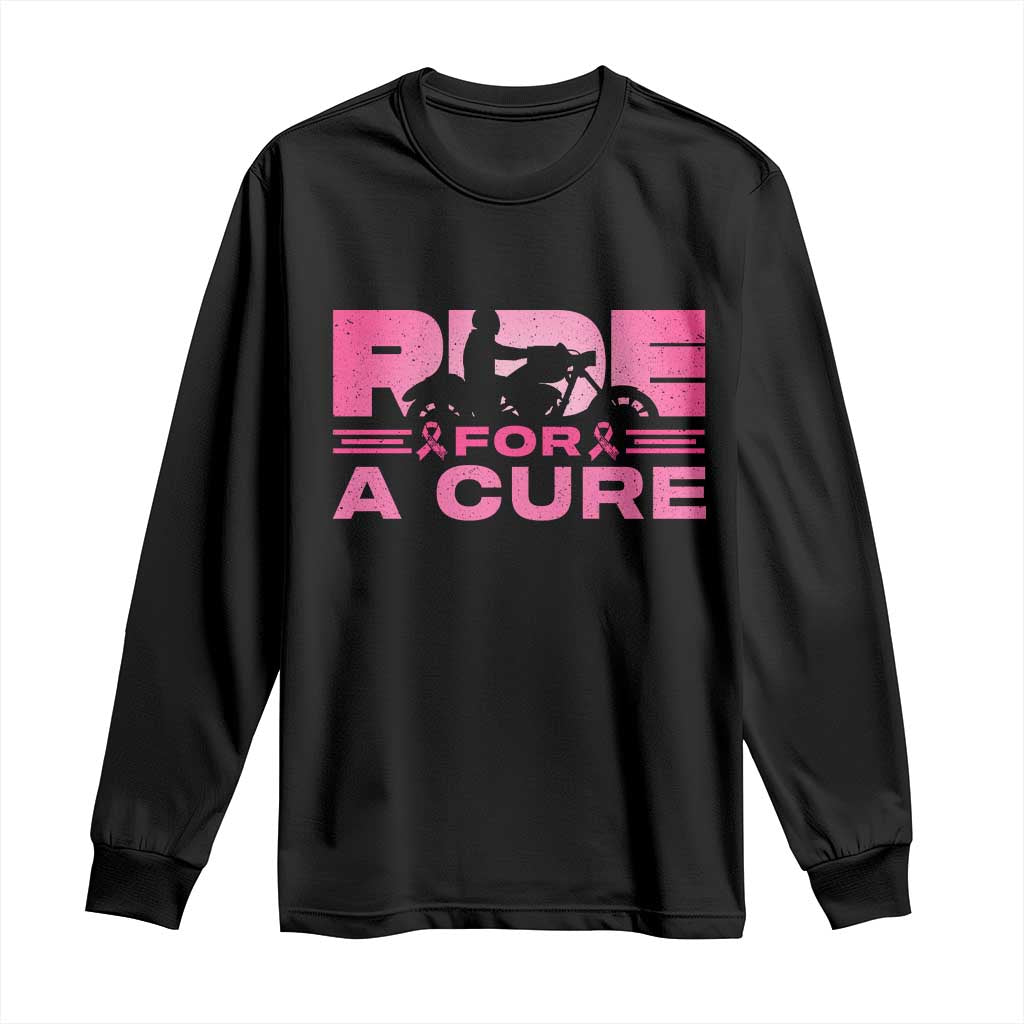 Breast Cancer Motorcycle Long Sleeve Shirt Pink Ribbon Ride For A Cure - Wonder Print Shop
