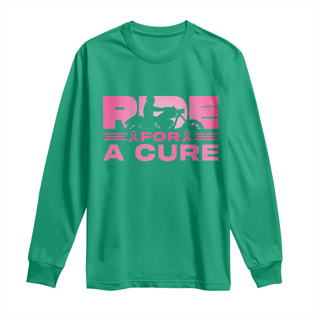 Breast Cancer Motorcycle Long Sleeve Shirt Pink Ribbon Ride For A Cure - Wonder Print Shop