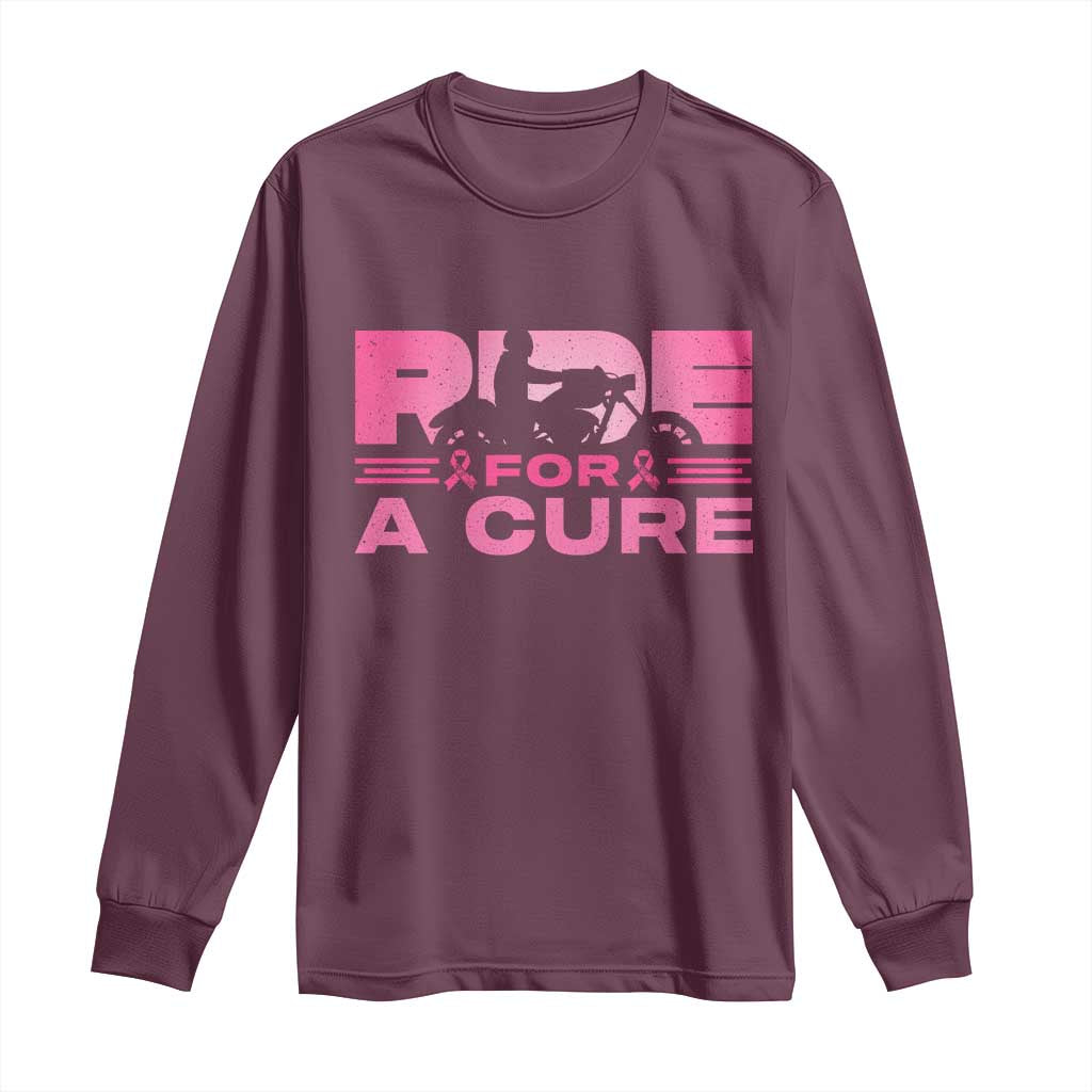 Breast Cancer Motorcycle Long Sleeve Shirt Pink Ribbon Ride For A Cure - Wonder Print Shop