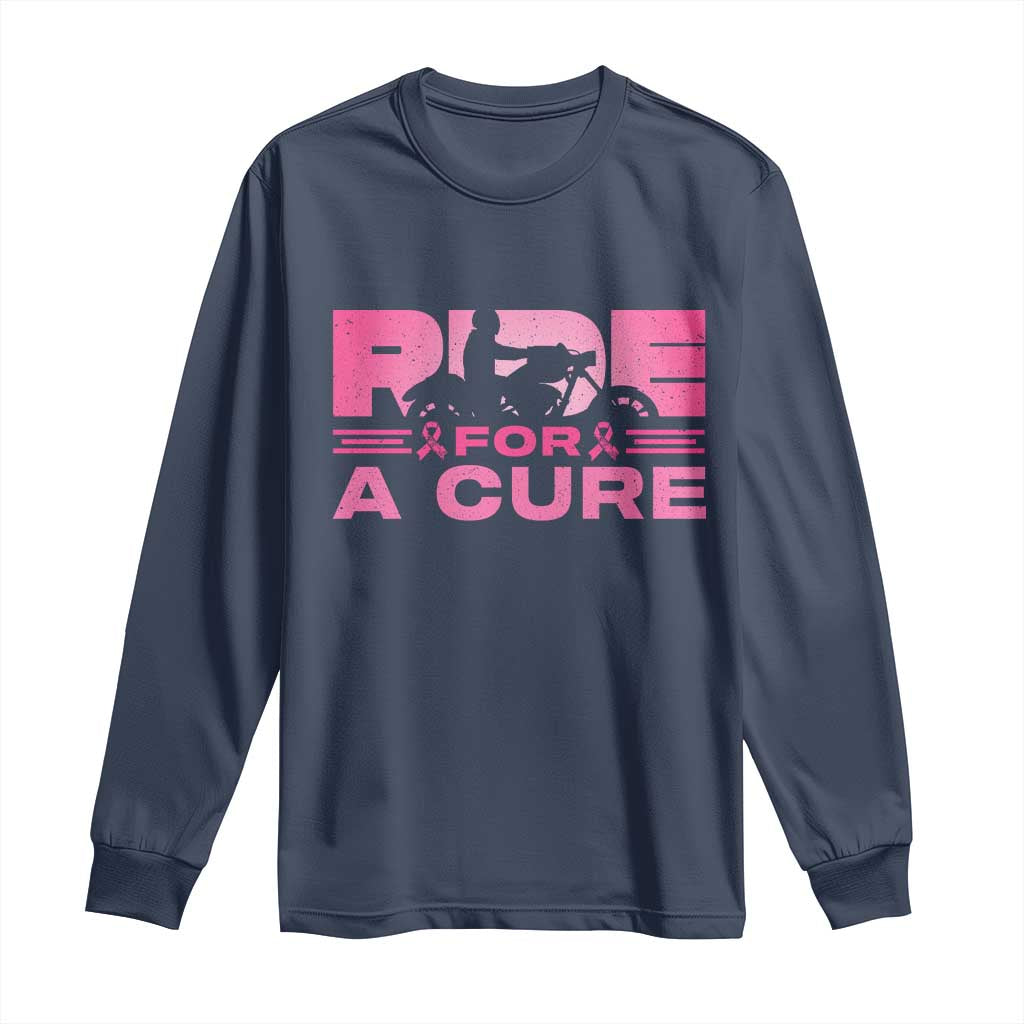 Breast Cancer Motorcycle Long Sleeve Shirt Pink Ribbon Ride For A Cure - Wonder Print Shop