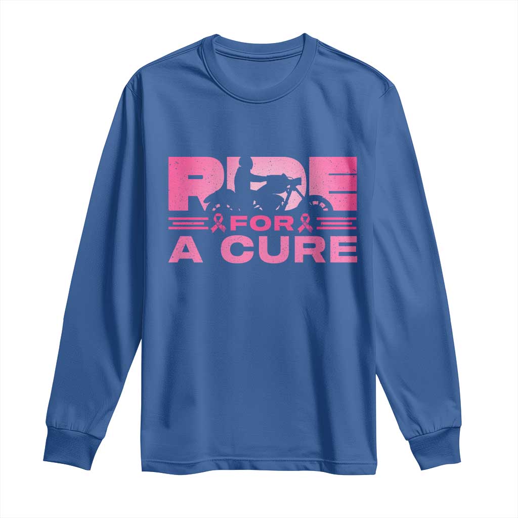 Breast Cancer Motorcycle Long Sleeve Shirt Pink Ribbon Ride For A Cure - Wonder Print Shop