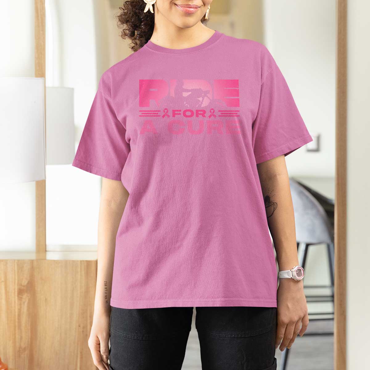 Breast Cancer Motorcycle T Shirt For Women Pink Ribbon Ride For A Cure - Wonder Print Shop