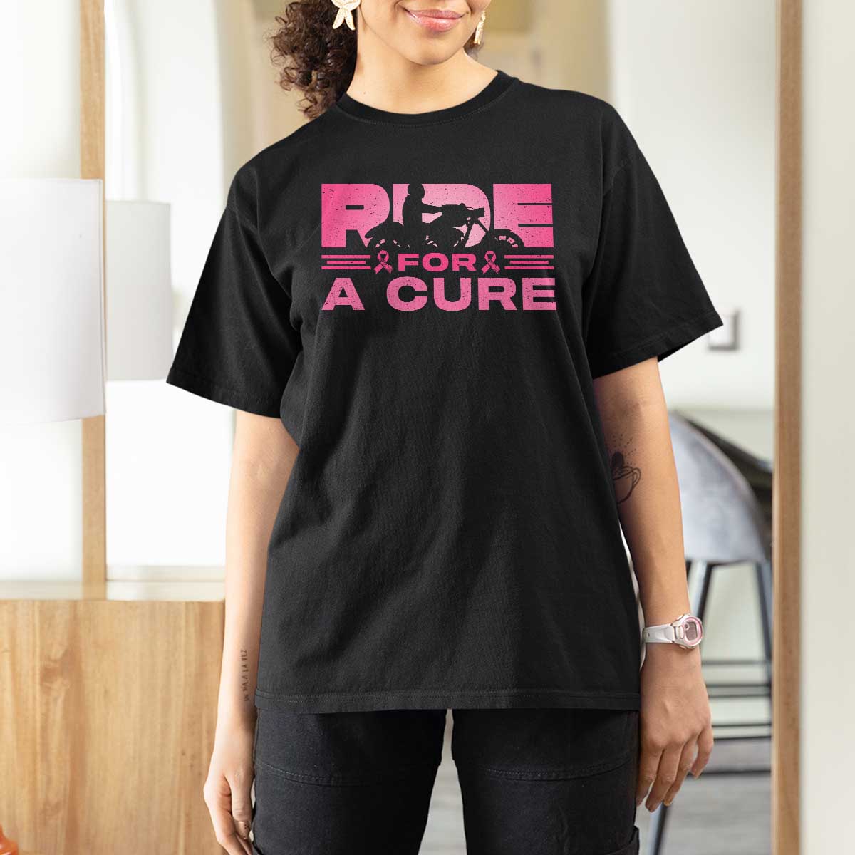 Breast Cancer Motorcycle T Shirt For Women Pink Ribbon Ride For A Cure - Wonder Print Shop