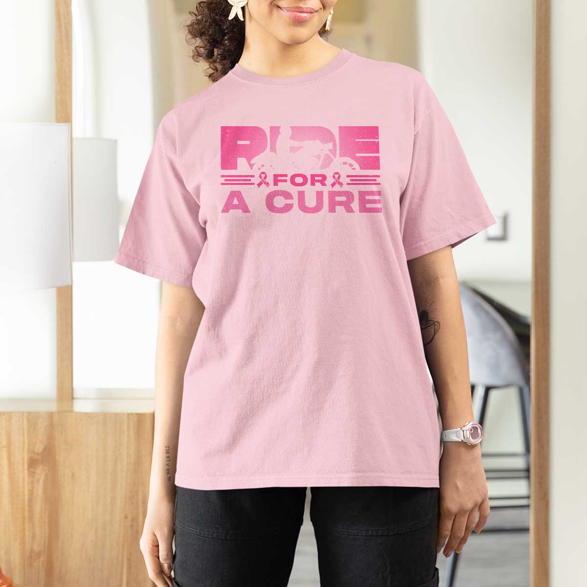 Breast Cancer Motorcycle T Shirt For Women Pink Ribbon Ride For A Cure - Wonder Print Shop