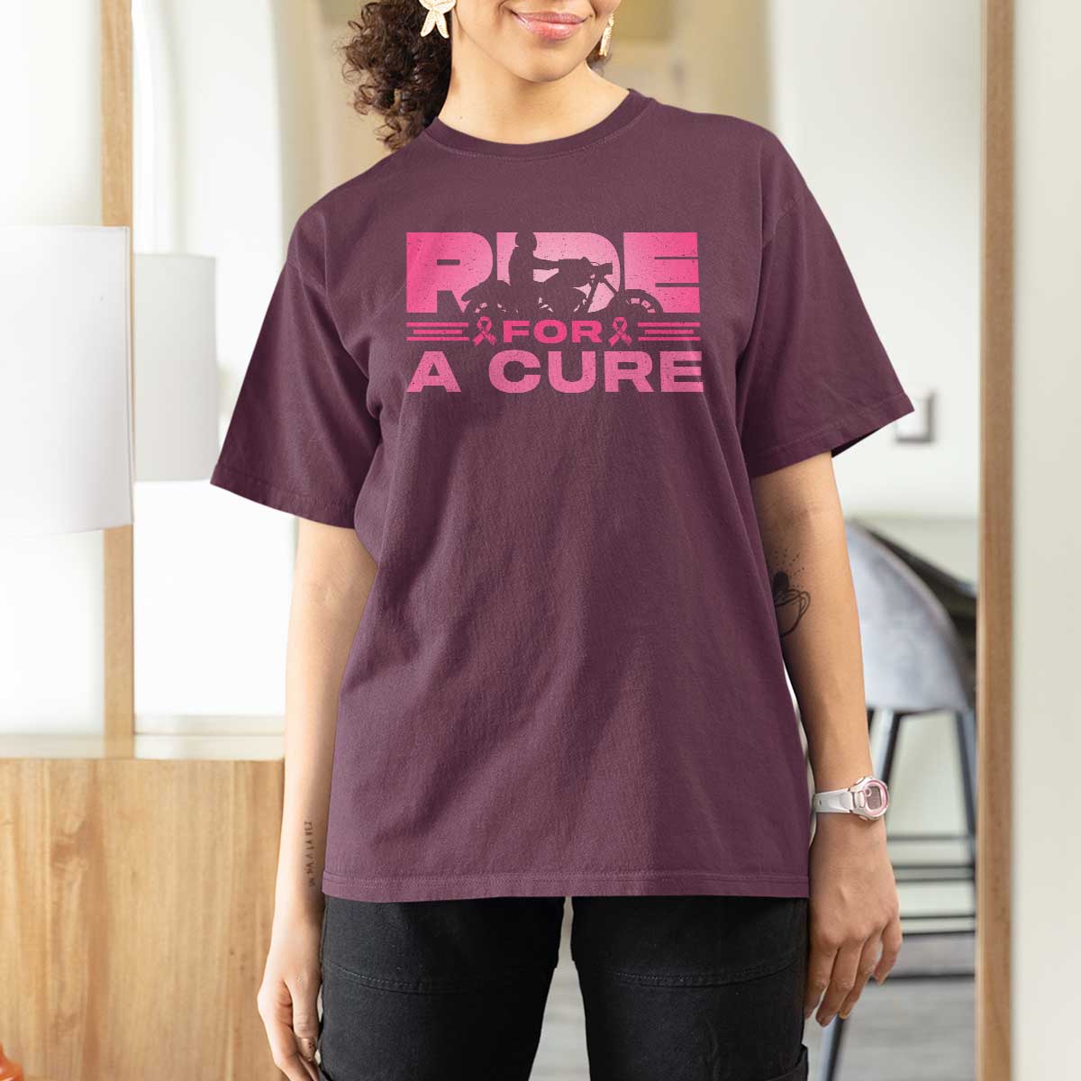 Breast Cancer Motorcycle T Shirt For Women Pink Ribbon Ride For A Cure - Wonder Print Shop