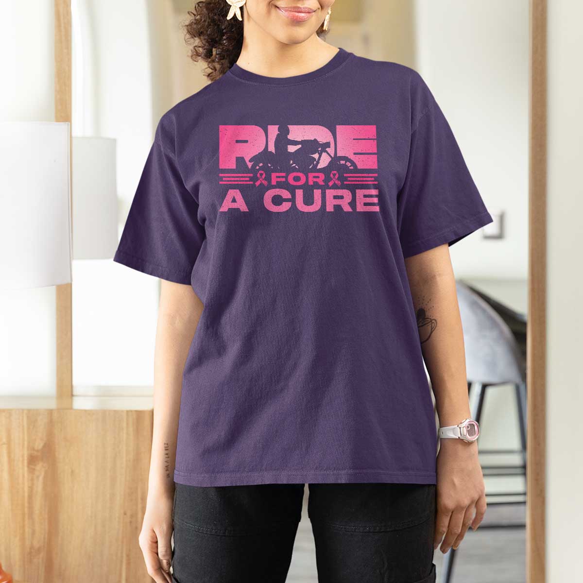 Breast Cancer Motorcycle T Shirt For Women Pink Ribbon Ride For A Cure - Wonder Print Shop