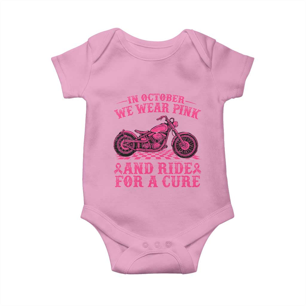 Breast Cancer Motorcycle Baby Onesie In October We Wear Pink Ride For A Cure - Wonder Print Shop