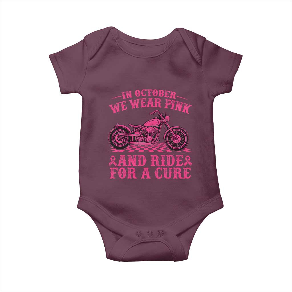 Breast Cancer Motorcycle Baby Onesie In October We Wear Pink Ride For A Cure - Wonder Print Shop