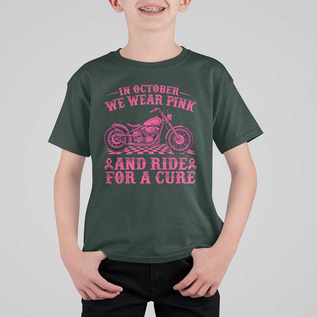 Breast Cancer Motorcycle T Shirt For Kid In October We Wear Pink Ride For A Cure - Wonder Print Shop
