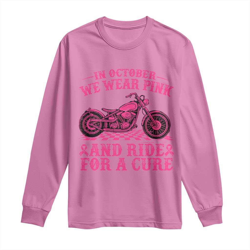 Breast Cancer Motorcycle Long Sleeve Shirt In October We Wear Pink Ride For A Cure - Wonder Print Shop