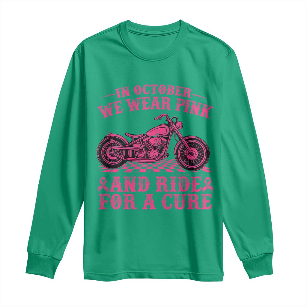 Breast Cancer Motorcycle Long Sleeve Shirt In October We Wear Pink Ride For A Cure - Wonder Print Shop