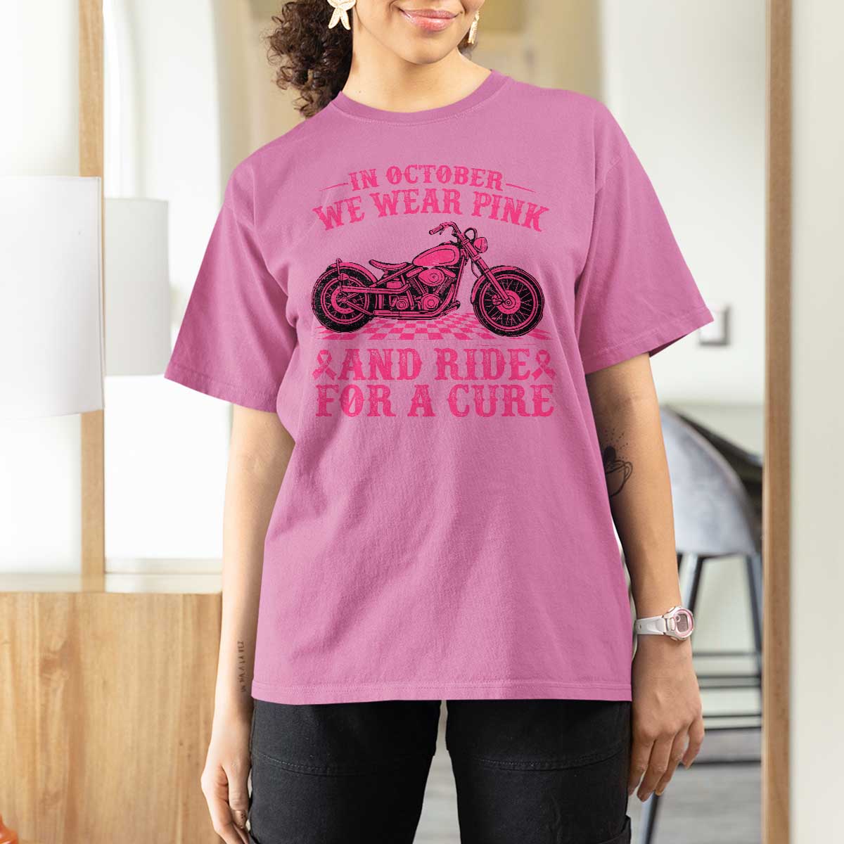 Breast Cancer Motorcycle T Shirt For Women In October We Wear Pink Ride For A Cure - Wonder Print Shop
