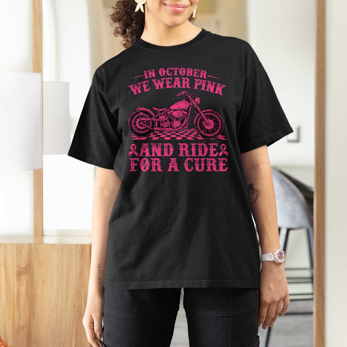 Breast Cancer Motorcycle T Shirt For Women In October We Wear Pink Ride For A Cure - Wonder Print Shop