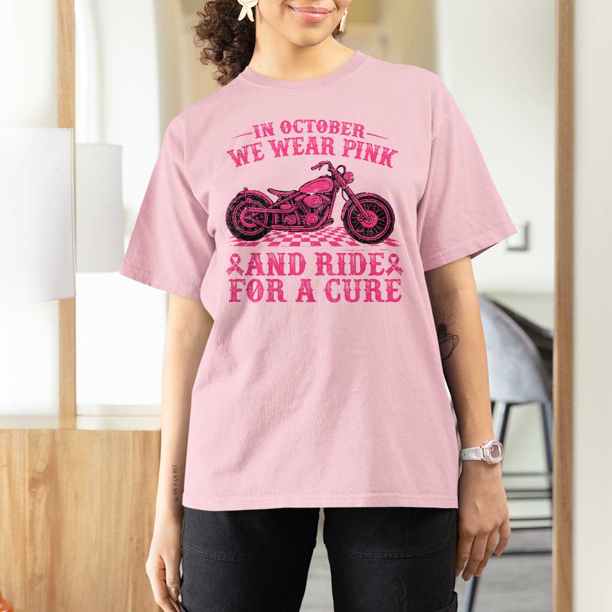 Breast Cancer Motorcycle T Shirt For Women In October We Wear Pink Ride For A Cure - Wonder Print Shop