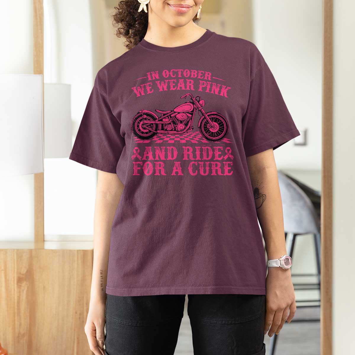 Breast Cancer Motorcycle T Shirt For Women In October We Wear Pink Ride For A Cure - Wonder Print Shop