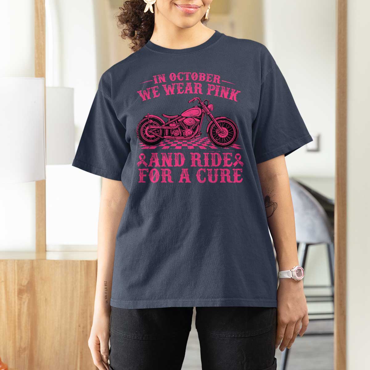 Breast Cancer Motorcycle T Shirt For Women In October We Wear Pink Ride For A Cure - Wonder Print Shop