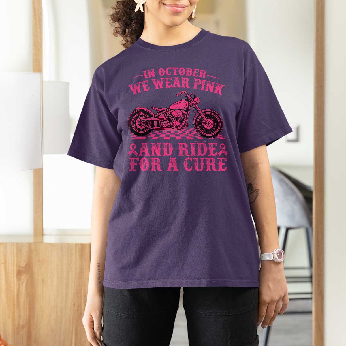 Breast Cancer Motorcycle T Shirt For Women In October We Wear Pink Ride For A Cure - Wonder Print Shop