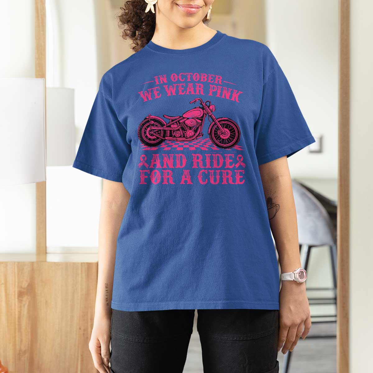 Breast Cancer Motorcycle T Shirt For Women In October We Wear Pink Ride For A Cure - Wonder Print Shop