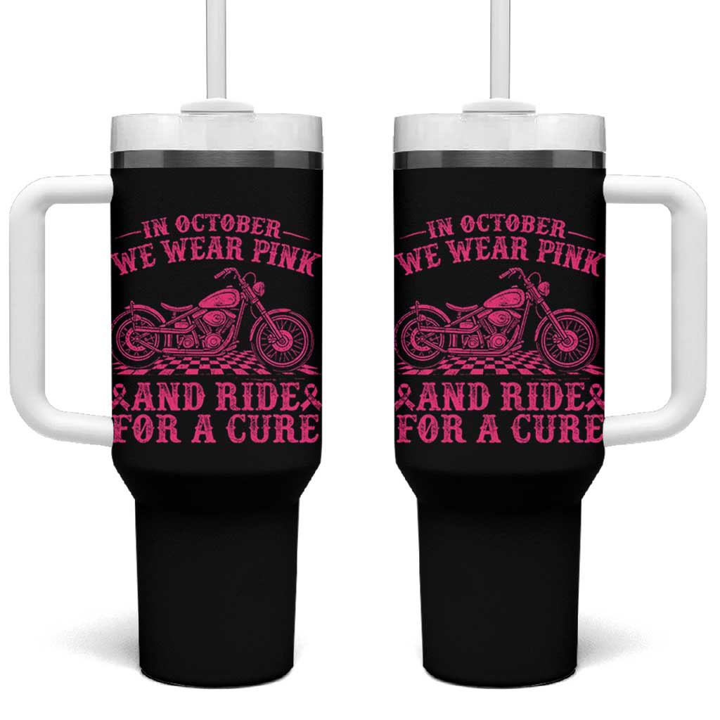 Breast Cancer Motorcycle Tumbler With Handle In October We Wear Pink Ride For A Cure - Wonder Print Shop