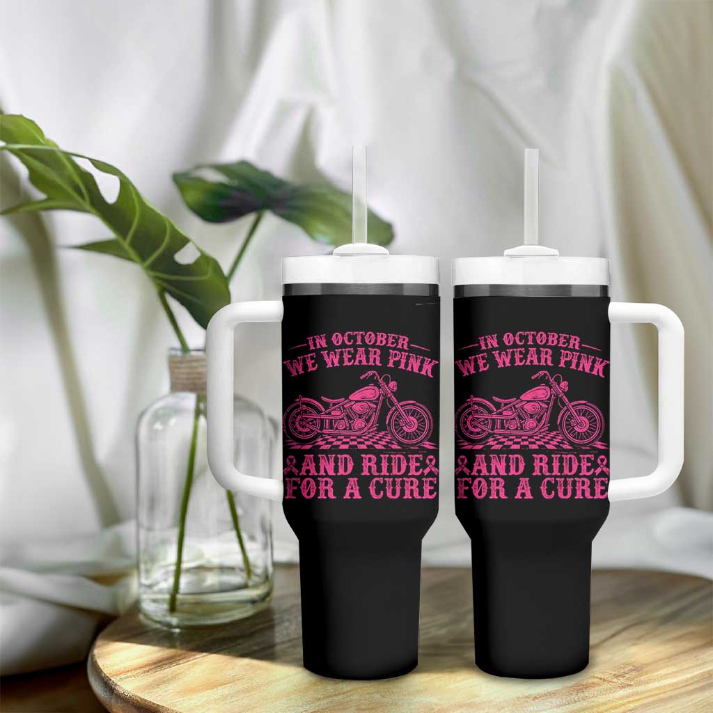 Breast Cancer Motorcycle Tumbler With Handle In October We Wear Pink Ride For A Cure - Wonder Print Shop