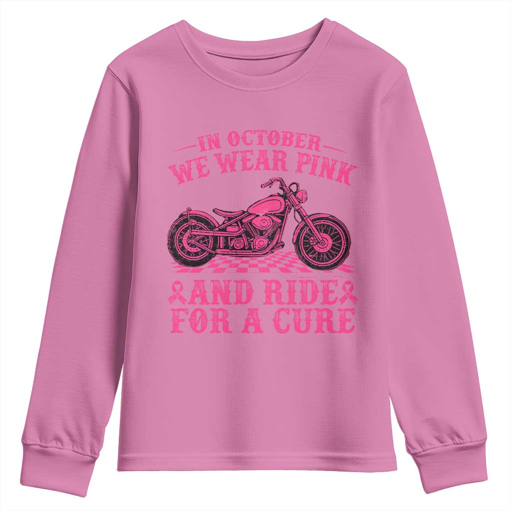Breast Cancer Motorcycle Youth Sweatshirt In October We Wear Pink Ride For A Cure - Wonder Print Shop
