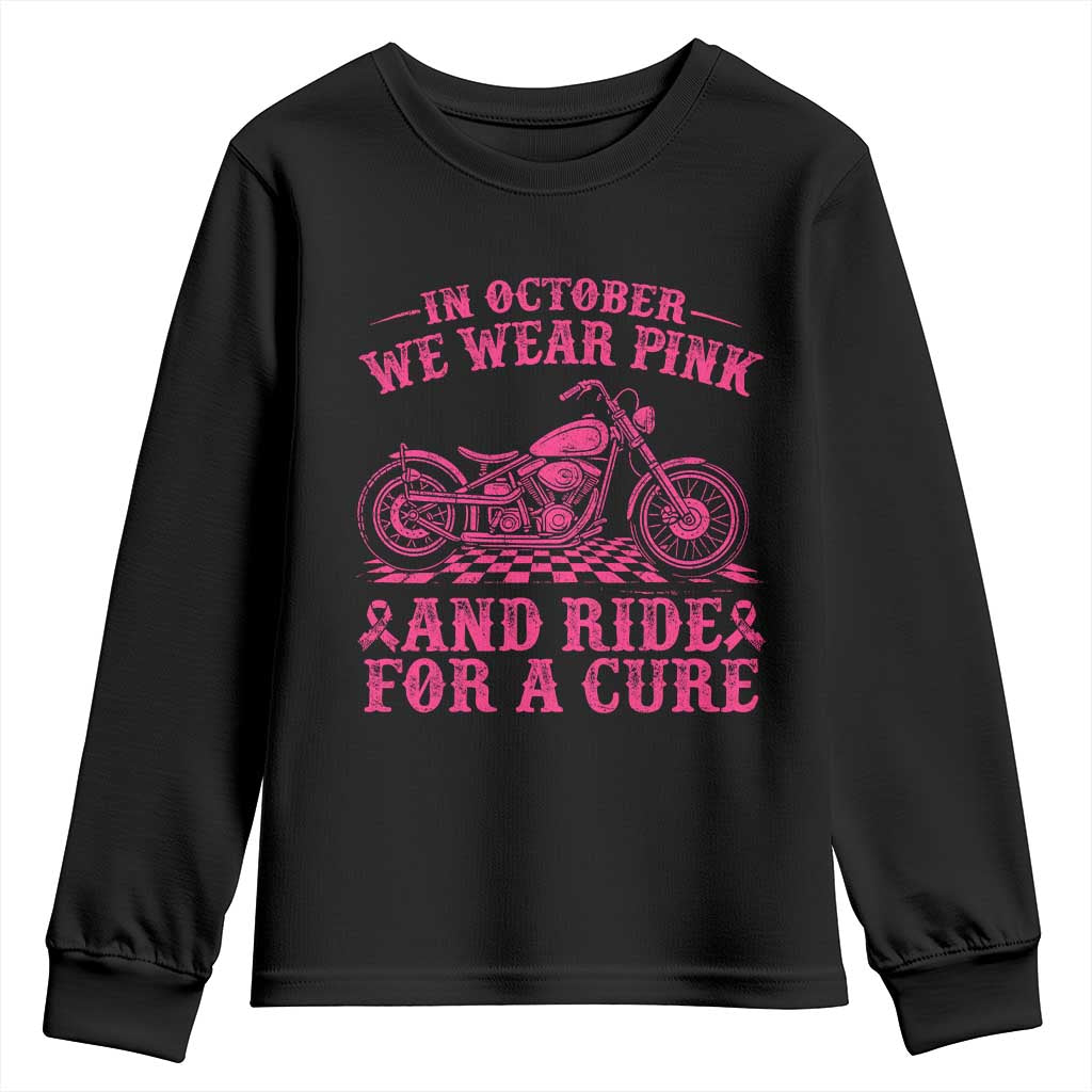Breast Cancer Motorcycle Youth Sweatshirt In October We Wear Pink Ride For A Cure - Wonder Print Shop