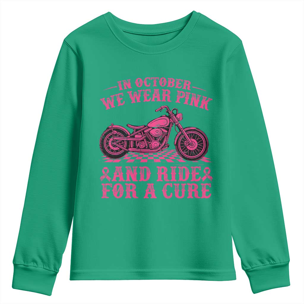 Breast Cancer Motorcycle Youth Sweatshirt In October We Wear Pink Ride For A Cure - Wonder Print Shop