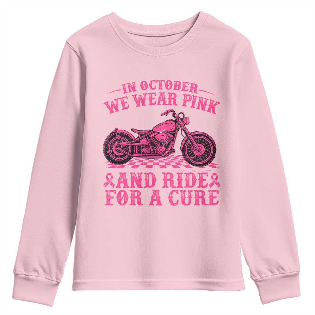 Breast Cancer Motorcycle Youth Sweatshirt In October We Wear Pink Ride For A Cure - Wonder Print Shop