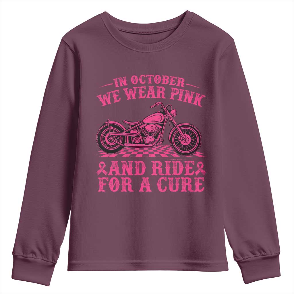 Breast Cancer Motorcycle Youth Sweatshirt In October We Wear Pink Ride For A Cure - Wonder Print Shop