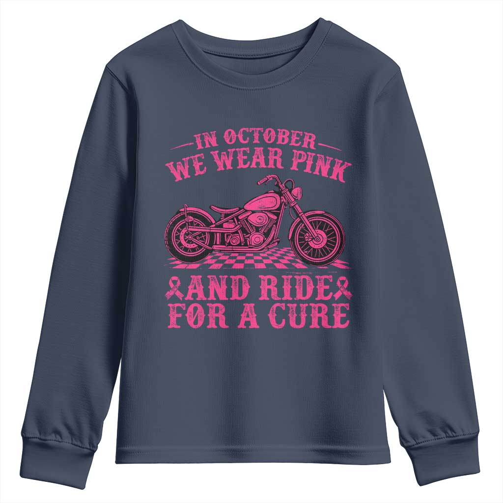 Breast Cancer Motorcycle Youth Sweatshirt In October We Wear Pink Ride For A Cure - Wonder Print Shop