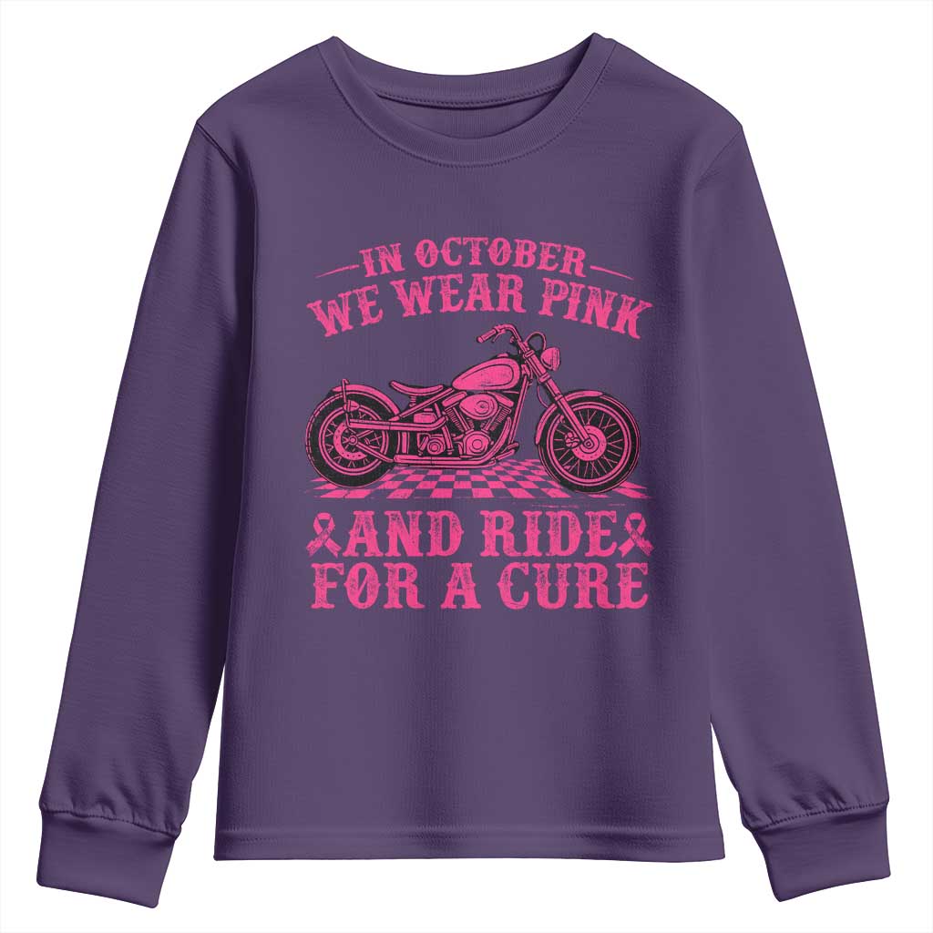 Breast Cancer Motorcycle Youth Sweatshirt In October We Wear Pink Ride For A Cure - Wonder Print Shop