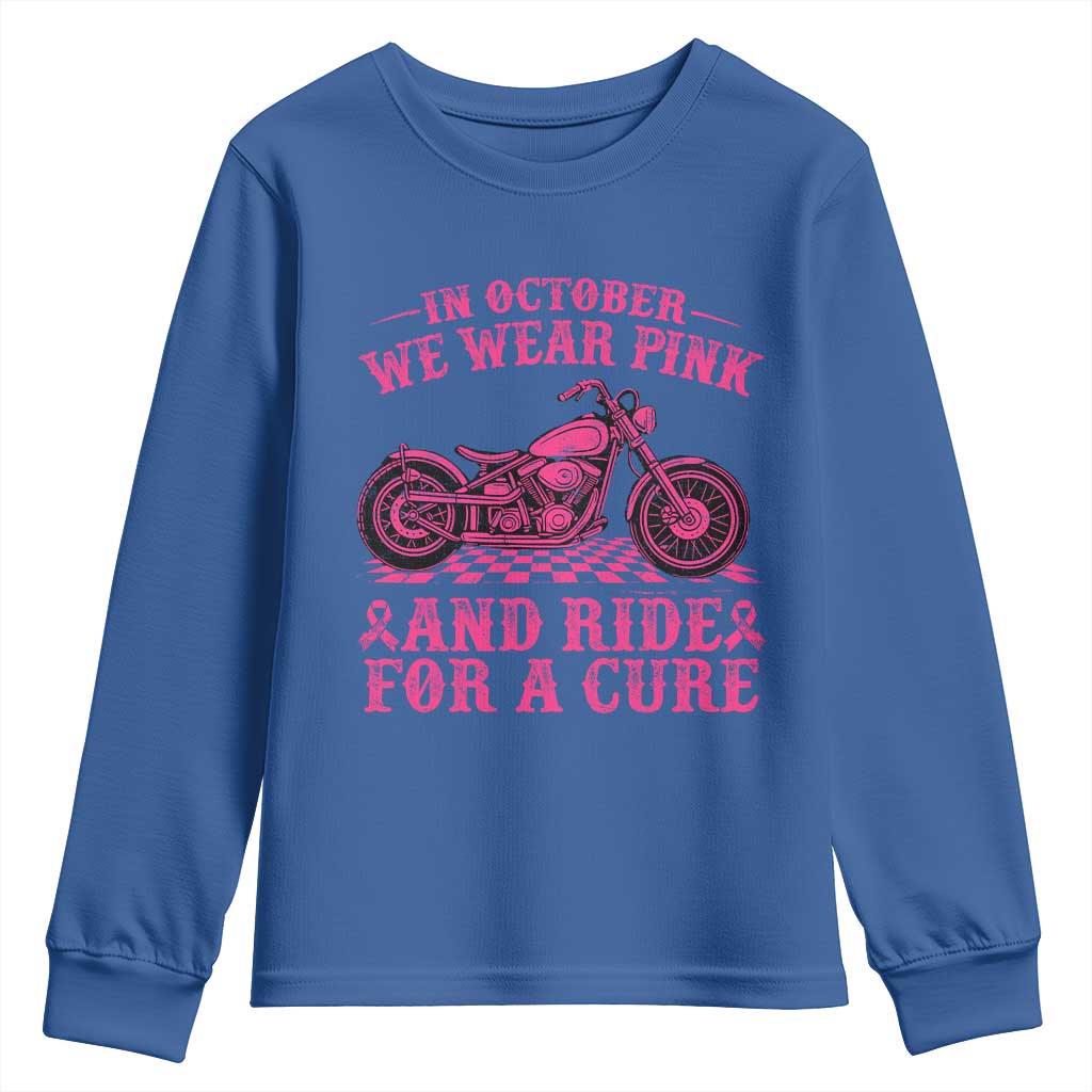 Breast Cancer Motorcycle Youth Sweatshirt In October We Wear Pink Ride For A Cure - Wonder Print Shop
