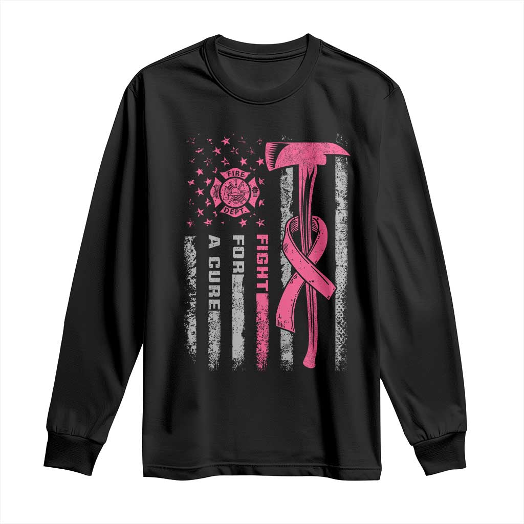 Firefighter Breast Cancer Awareness Long Sleeve Shirt Fight For A Cure American Flag - Wonder Print Shop