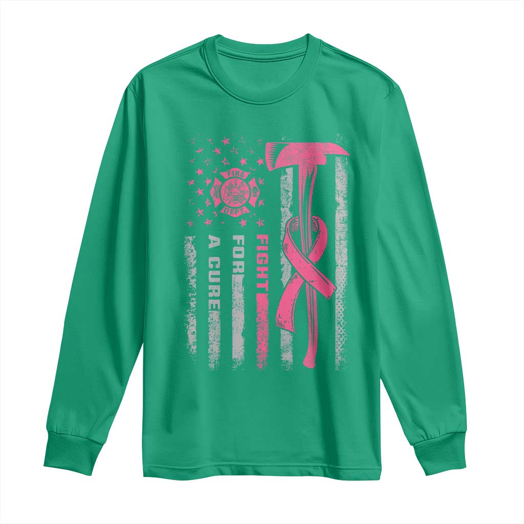 Firefighter Breast Cancer Awareness Long Sleeve Shirt Fight For A Cure American Flag - Wonder Print Shop