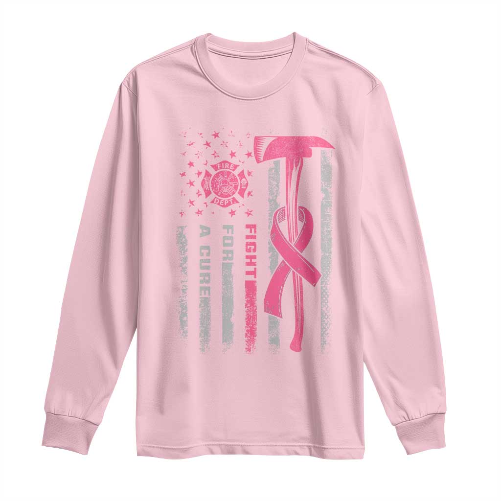 Firefighter Breast Cancer Awareness Long Sleeve Shirt Fight For A Cure American Flag - Wonder Print Shop