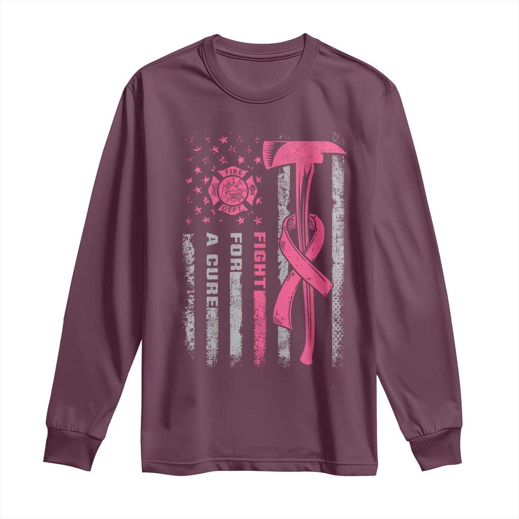Firefighter Breast Cancer Awareness Long Sleeve Shirt Fight For A Cure American Flag - Wonder Print Shop