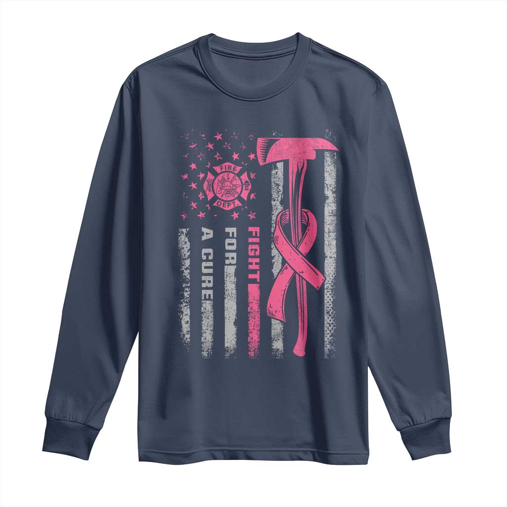 Firefighter Breast Cancer Awareness Long Sleeve Shirt Fight For A Cure American Flag - Wonder Print Shop