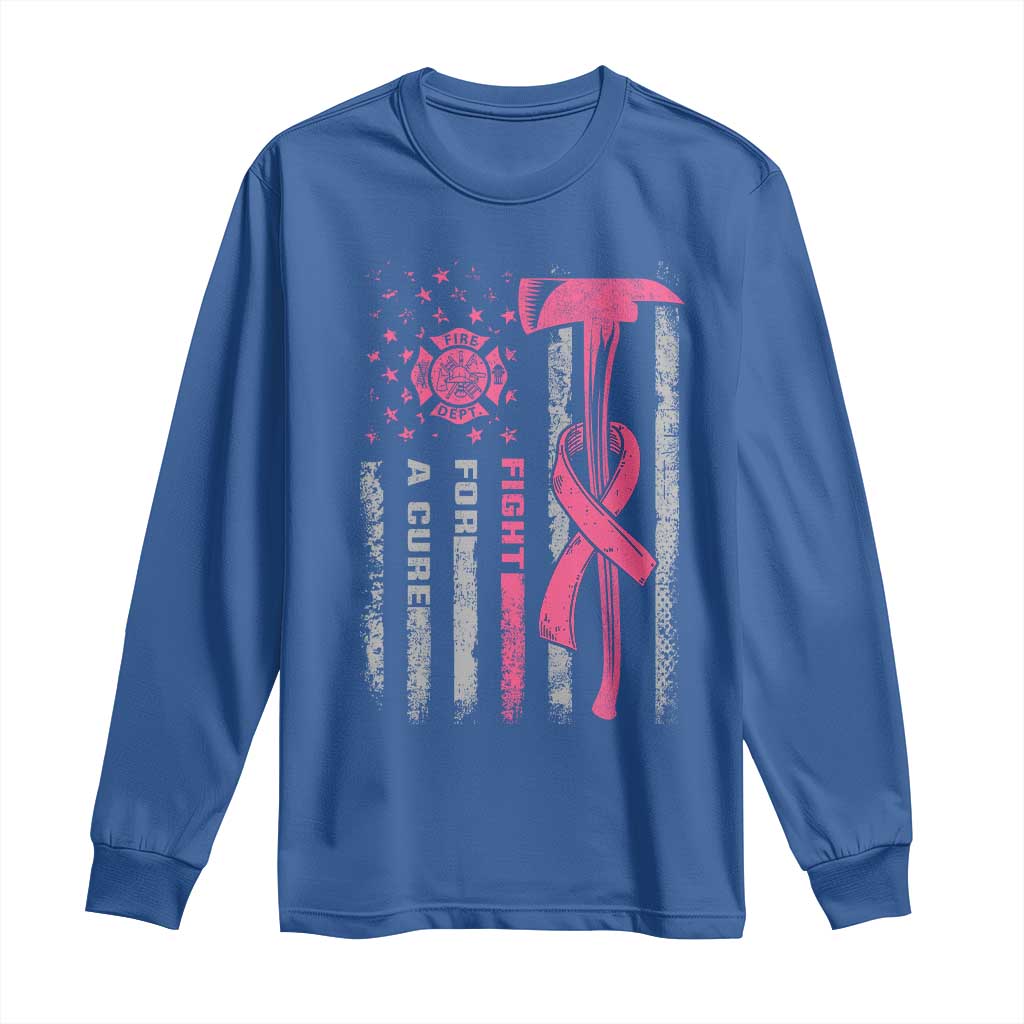 Firefighter Breast Cancer Awareness Long Sleeve Shirt Fight For A Cure American Flag - Wonder Print Shop