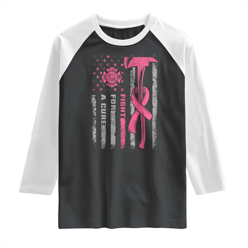 Firefighter Breast Cancer Awareness Raglan Shirt Fight For A Cure American Flag - Wonder Print Shop