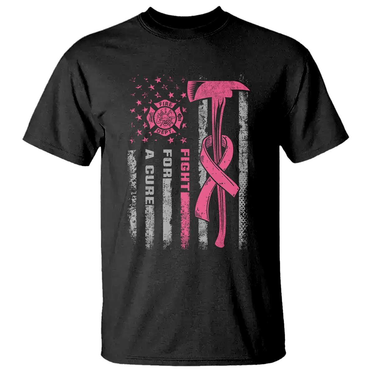 Firefighter Breast Cancer Awareness T Shirt Fight For A Cure American Flag - Wonder Print Shop