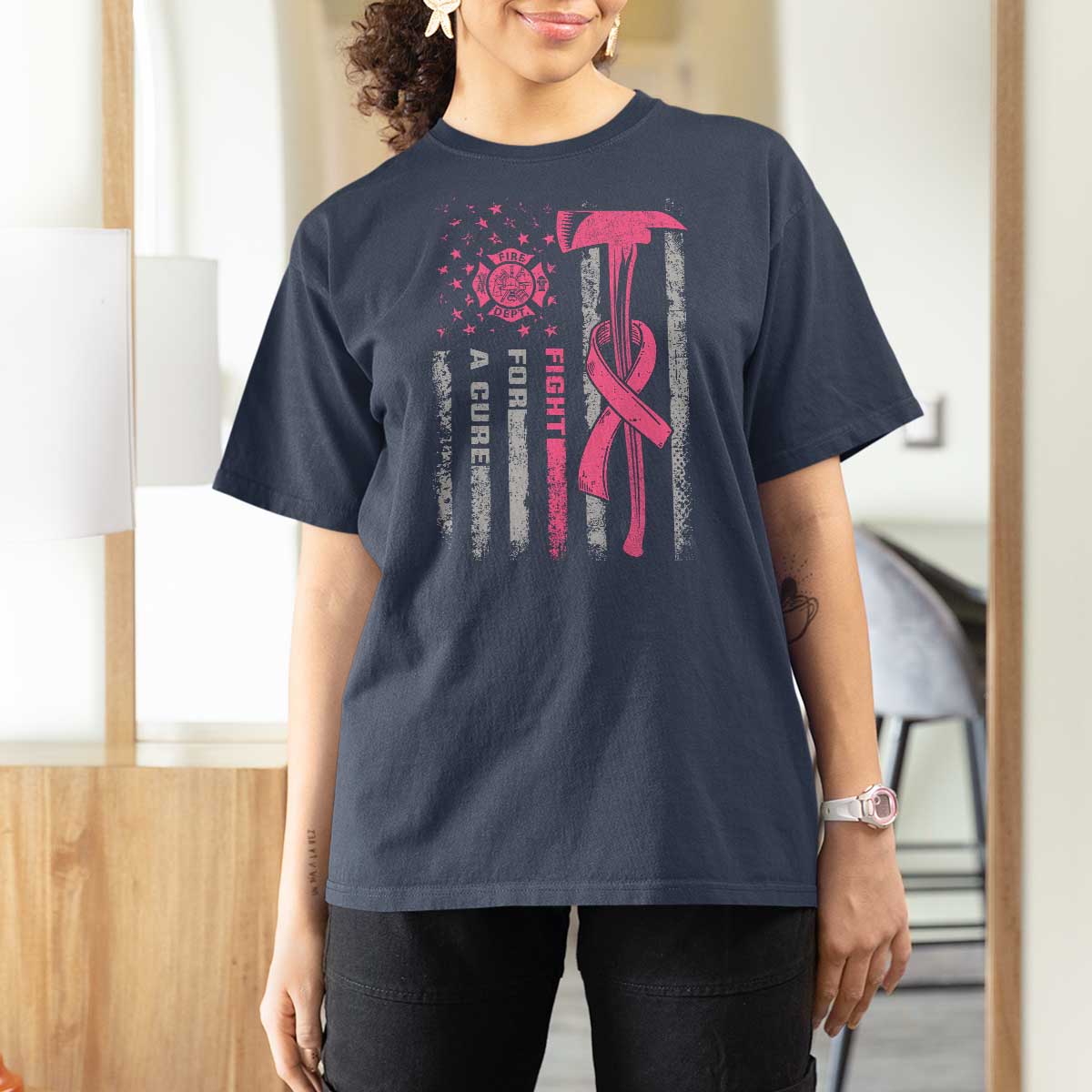 Firefighter Breast Cancer Awareness T Shirt For Women Fight For A Cure American Flag - Wonder Print Shop